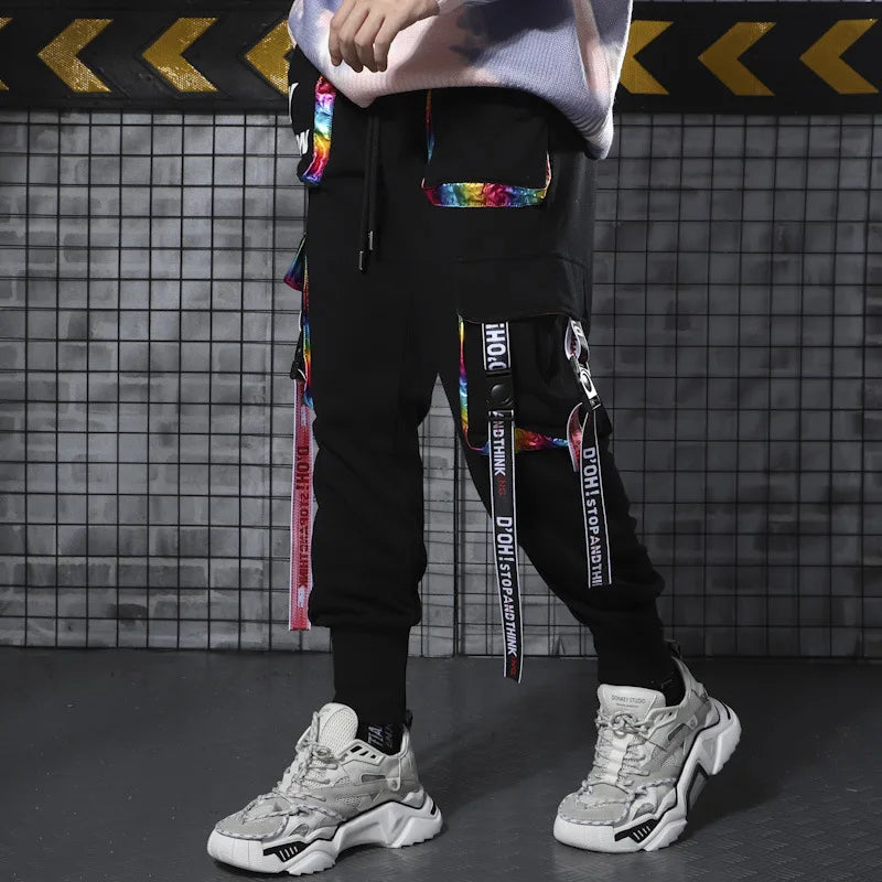 2023 Hip Hop Joggers Men Letter Ribbons Cargo Pants Pockets Track Tactical Casual Techwear Male Trousers Sweatpants Streetwear