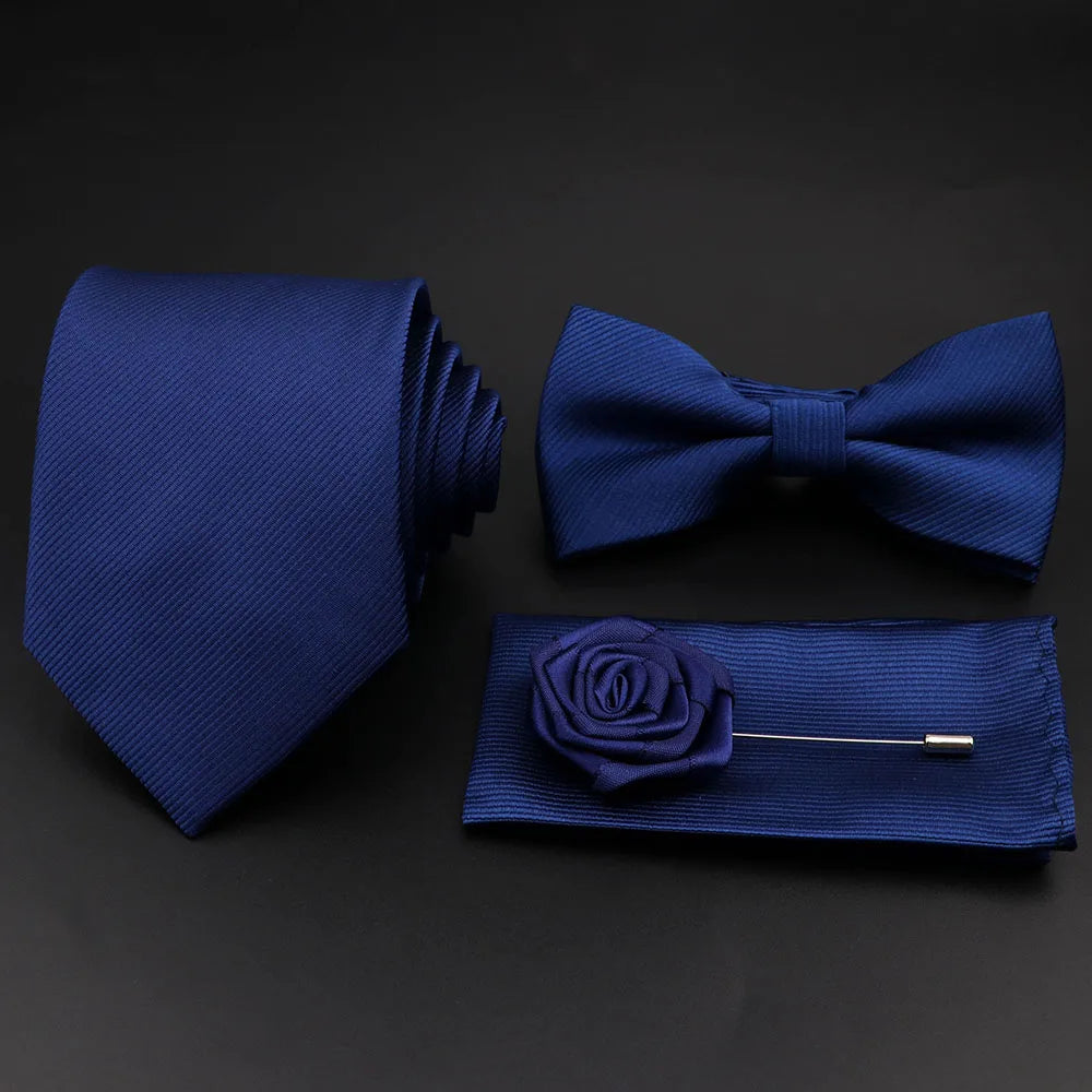 Hot Sale Red Blue Tie Set Polyester Slim Striped Necktie Bowtie Cufflink Brooch For Groom Suit Wedding Cravat Shirt Accessory