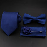 Hot Sale Red Blue Tie Set Polyester Slim Striped Necktie Bowtie Cufflink Brooch For Groom Suit Wedding Cravat Shirt Accessory