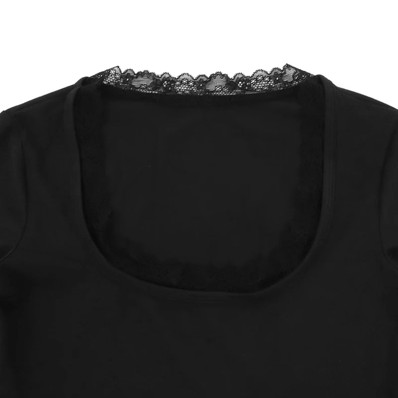 Sexy Black T-shirt Women Autumn New Lace Tees Fashion Streetwear O-Neck Casual Slim Long Sleeves T-shirt Female Versatile Top
