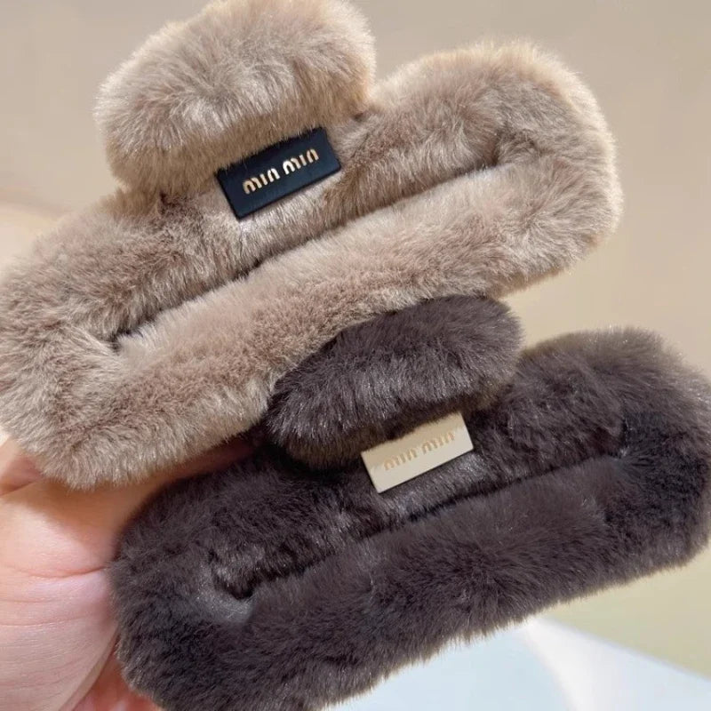 Autumn and winter trend imitation rabbit fur grab clip large square Maillard head shark clip multi-volume hair accessories