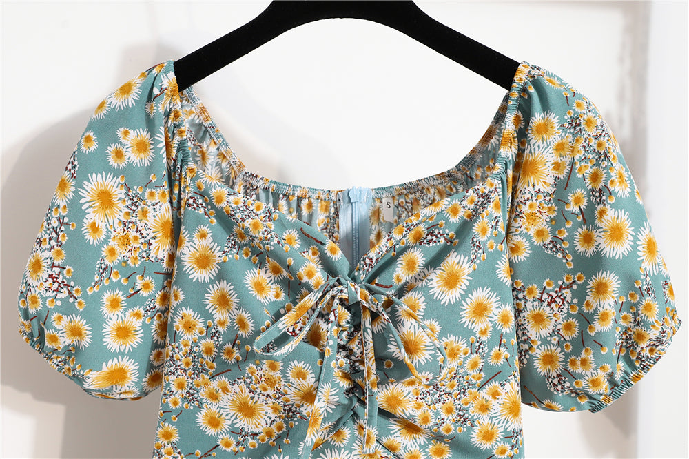 Mini robes d'été pour femmes, mode féminine, imprimé floral, en mousseline de soie, froncée, manches courtes bouffantes, robe décontractée