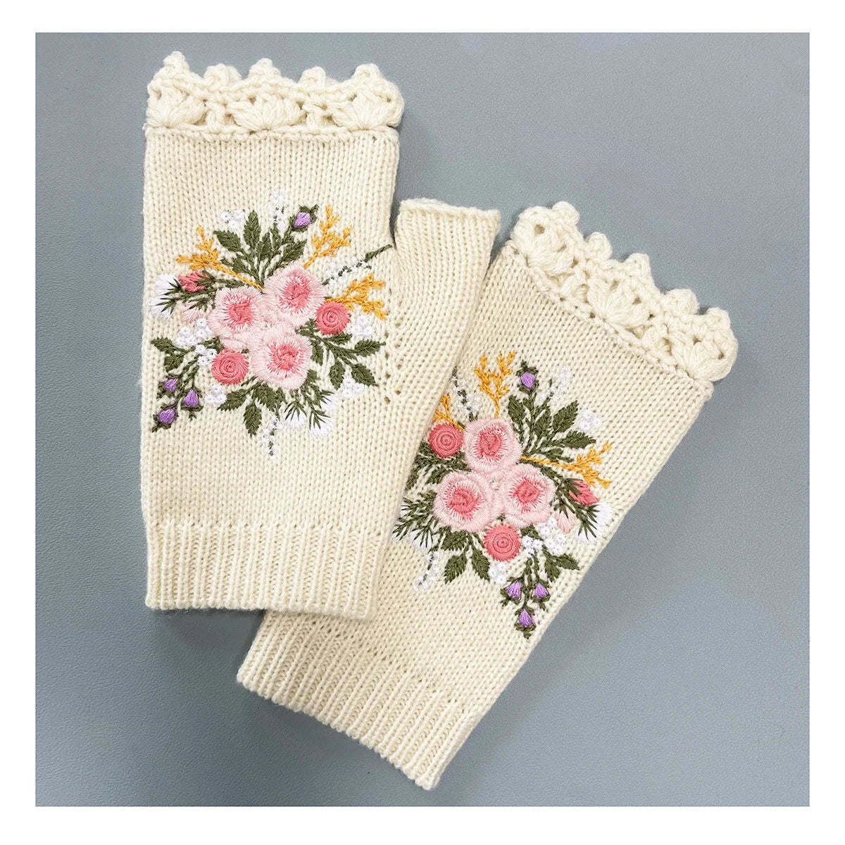 New Women Warm Autumn Winter Hand Made Crocheted Embroidered Floral Half-finger Knitted Gloves Girls Fingerless Gloves