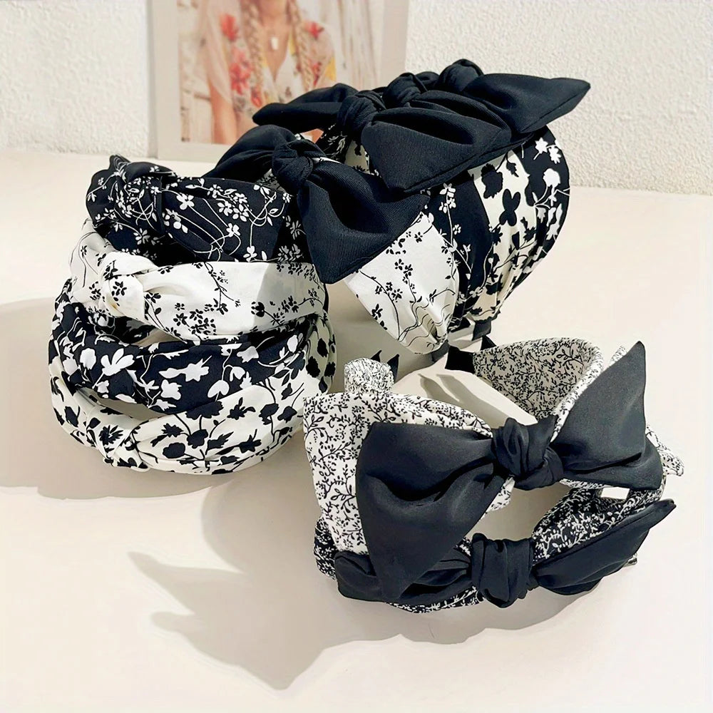 Elegant Floral Black White Hairbands for Women Girls Wide Edge Soft Hair Hoops Big Bowknot Cross Headband Hair Styling Tool Gift