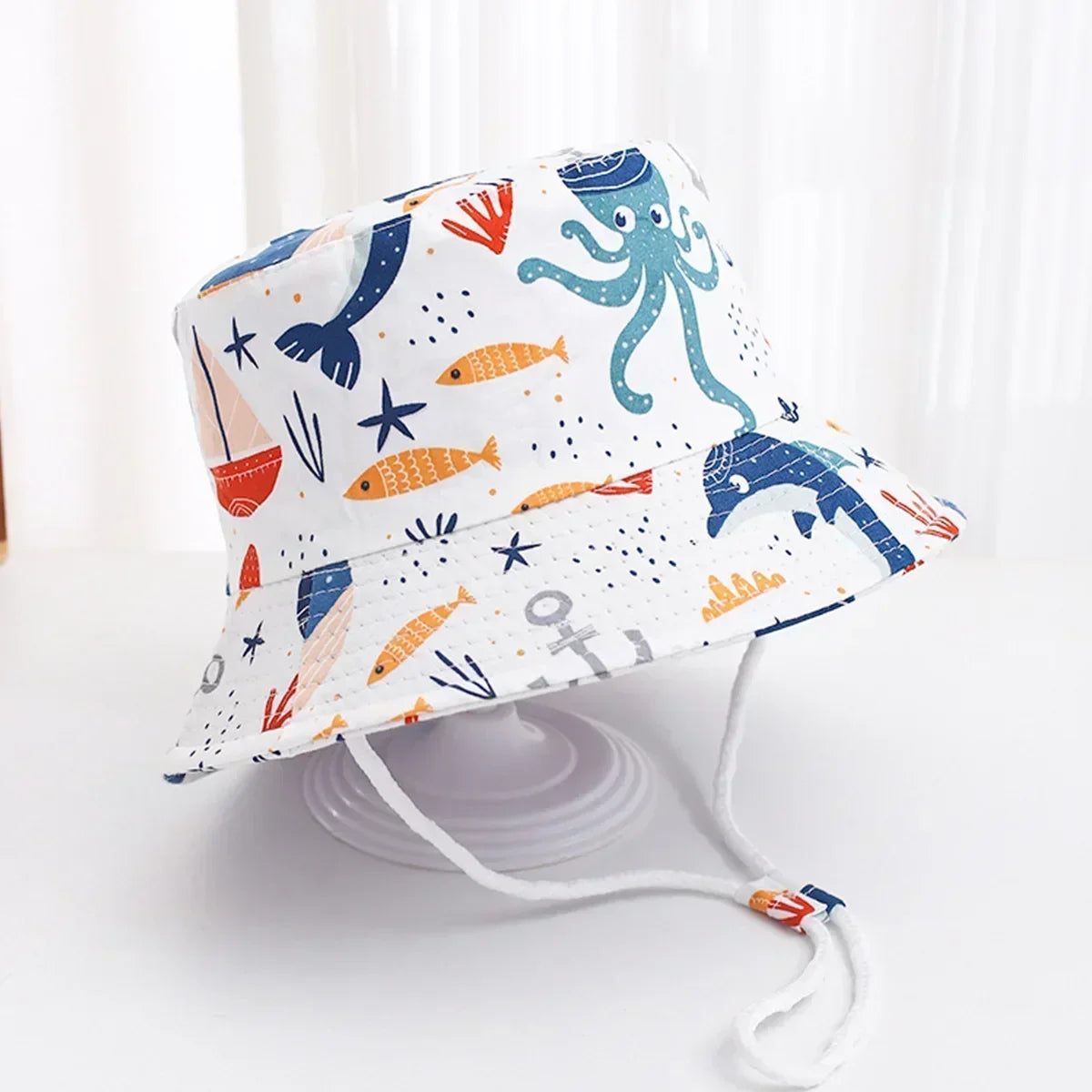 1-5 Years Cartoon Printing Baby Bucket Hat Cotton Breathable Kids Fisherman Hat Infant Toddle Sun Hat with Drawstring Baby Cap