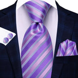 Hi-Tie Purple Lilac Floral Striped Silk Elegant Tie For Men Groom Wedding Men Necktie Pocket Square Cufflink Accessory Wholesale