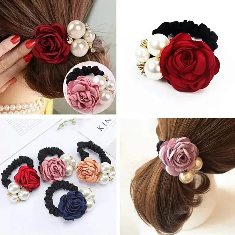 Pearl Rose Flower Hair Elastics Bands Hair Ties Stretchy Rubber Hairbands Floral Headbands Scrunchies Ponytail Holder