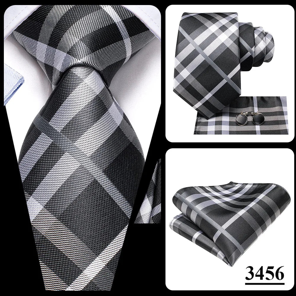 Hi-Tie Designer Grey Plaid Novelty Silk Wedding Tie For Men Handky Cufflink Gift Mens Necktie Fashion Business Party Dropshiping