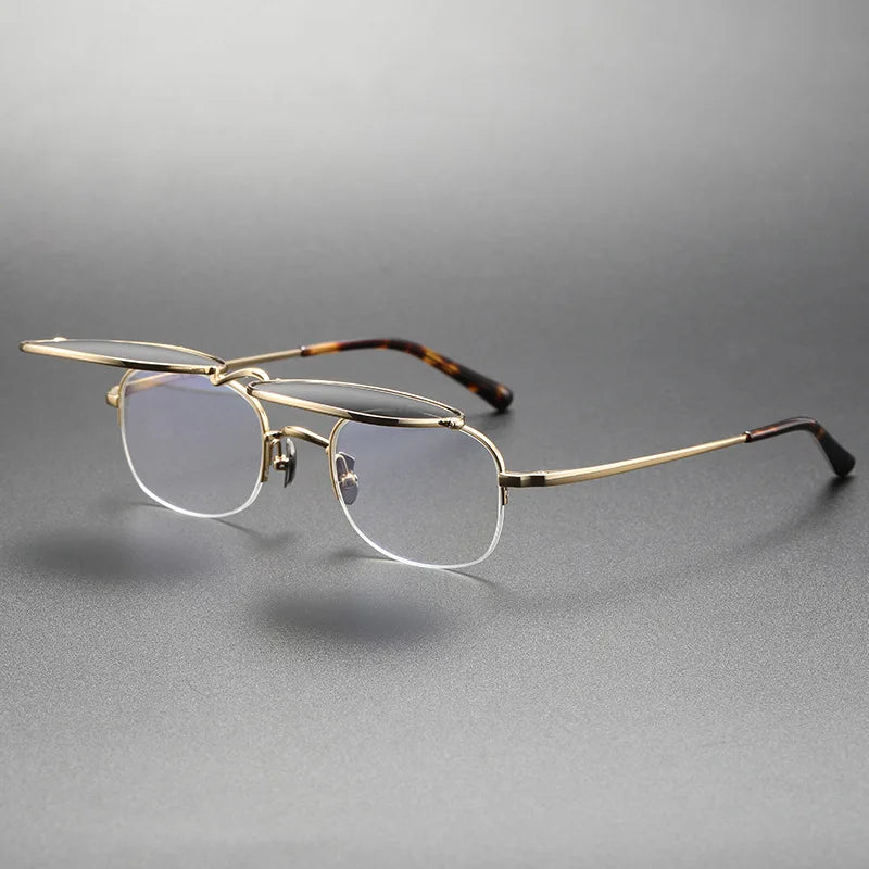 Vintage Titanium Square Glasses Frame with Flip Up Sunglasses Women Brand Designer Eyeglasses Men Trendy Semi Rimless Eyewear