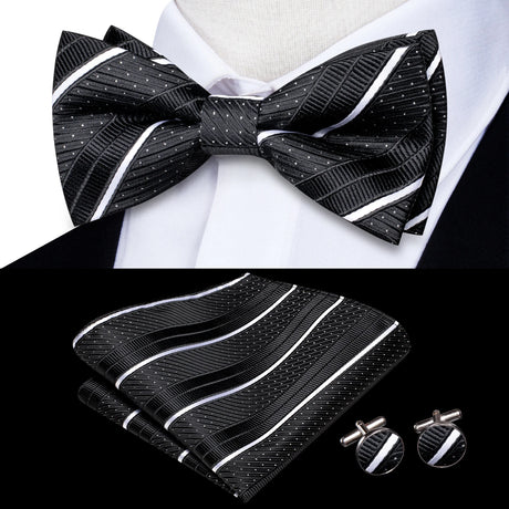 Hi-Tie Black White Silver Grey Brown Silk Mens Bow Tie Hankerchief Cufflinks Set Pre-tied Butterfly Knot Adjustable Bowtie Male