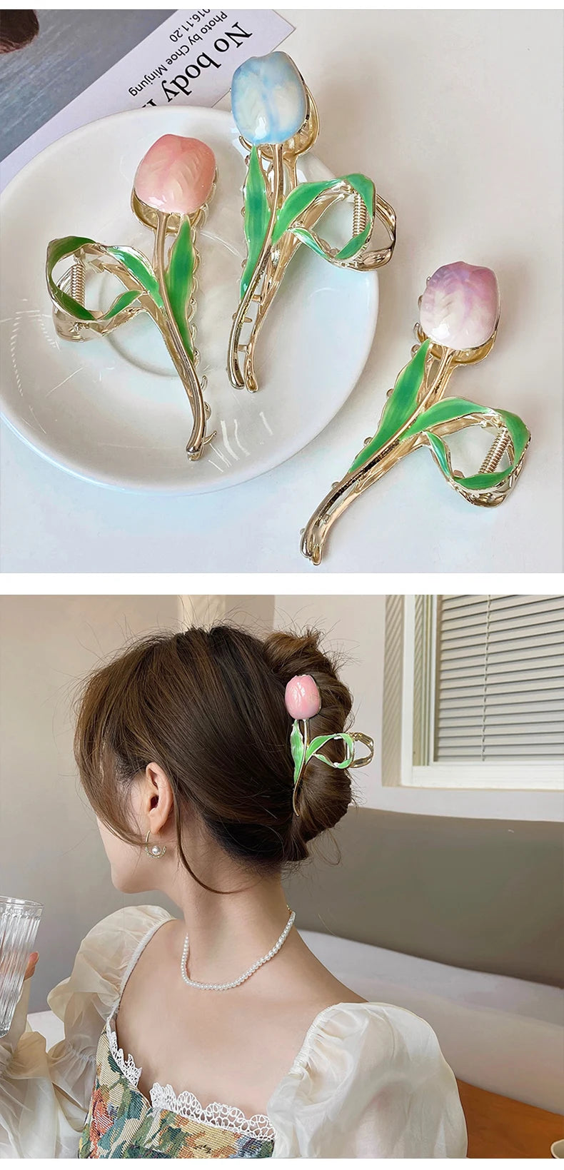New Tulip Hair Claw Flower grace Shark Clip Headdress Vintage Ponytail Claw Clip Trendy sweet HAIR CLIP FOR GIRL Hair Jewelry