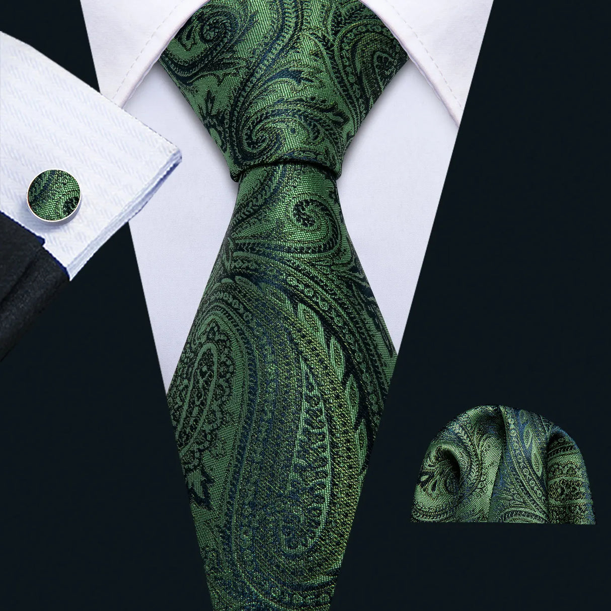 Luxury Silk Mens Ties Set Black Green Leaves Floral Neck Tie Handkerchief Cufflinks Set Wedding Business Party Barry·Wang 5938