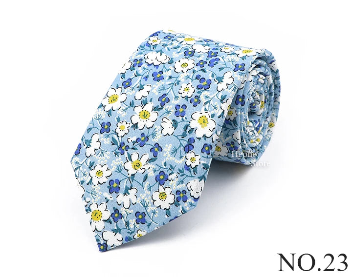 New Chic Floral Tie For Men Women 100% Cotton Beautiful Elegant Flower Necktie White Blue Narrow Skinny Wedding Casual Cravat