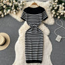 Summer Striped Beach Knitted Dress O Neck Short Sleeves Chic Hotsweet Slim Sundress Streetwear Y2K Bodycon Midi Dress