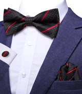 Hi-Tie Striped Black Red Mens Bow Tie Hankerchief Cufflink Pre-tied Silk Butterfly Knot Bowtie for Male Business Party Wholesale