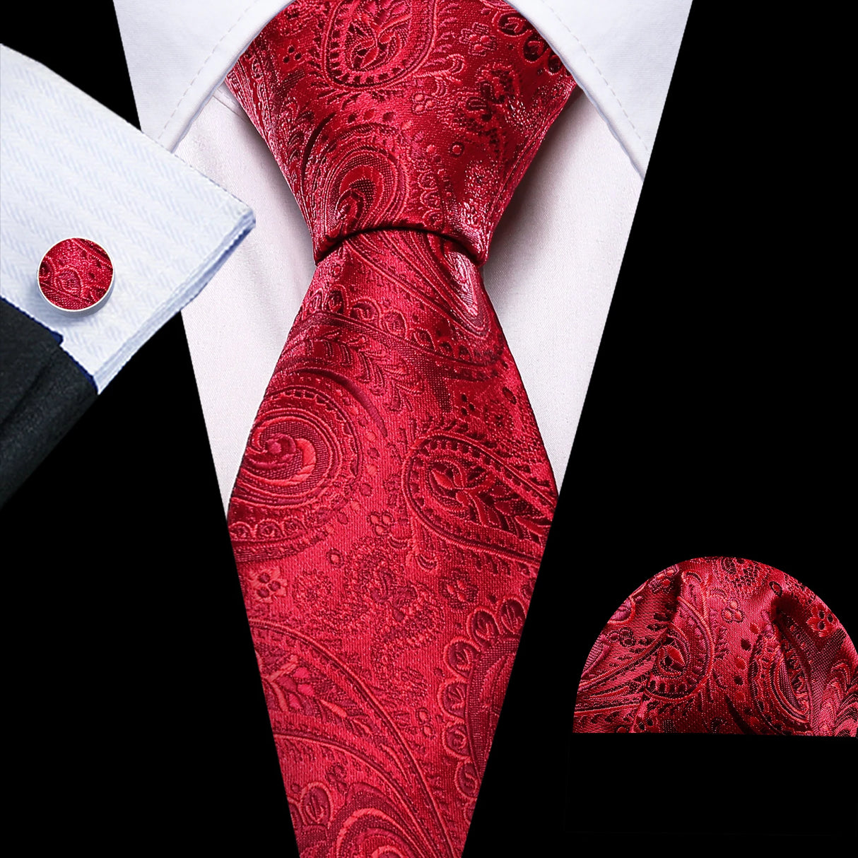 Red Silk Wedding Necktie Jacquard Woven Striped Ties For Men Tie Handkerchief Cufflink Set Barry.Wang Fashion Designer FA-5028