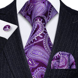 Male Gift Silk Men Tie Set Purple Violet Solid Paisley Striped Wedding Business Tie for Man Necktie Handky Cufflinks Barry.Wang