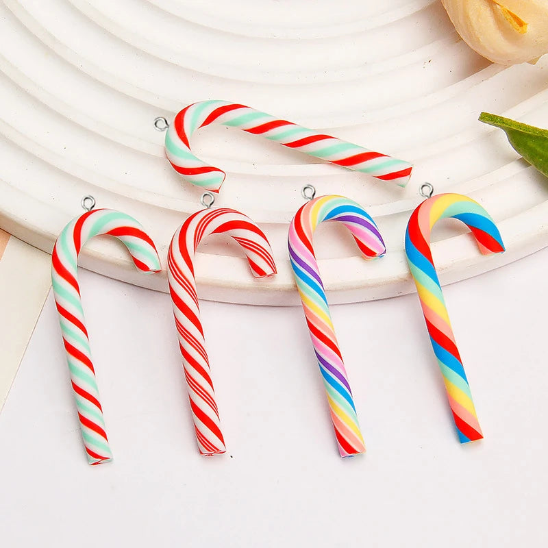 10Pcs  Simulation Polymer Clay Christmas Cane Rainbow Candy Charms Christmas Pendants for Earrings Keychains DIY Jewelry Making