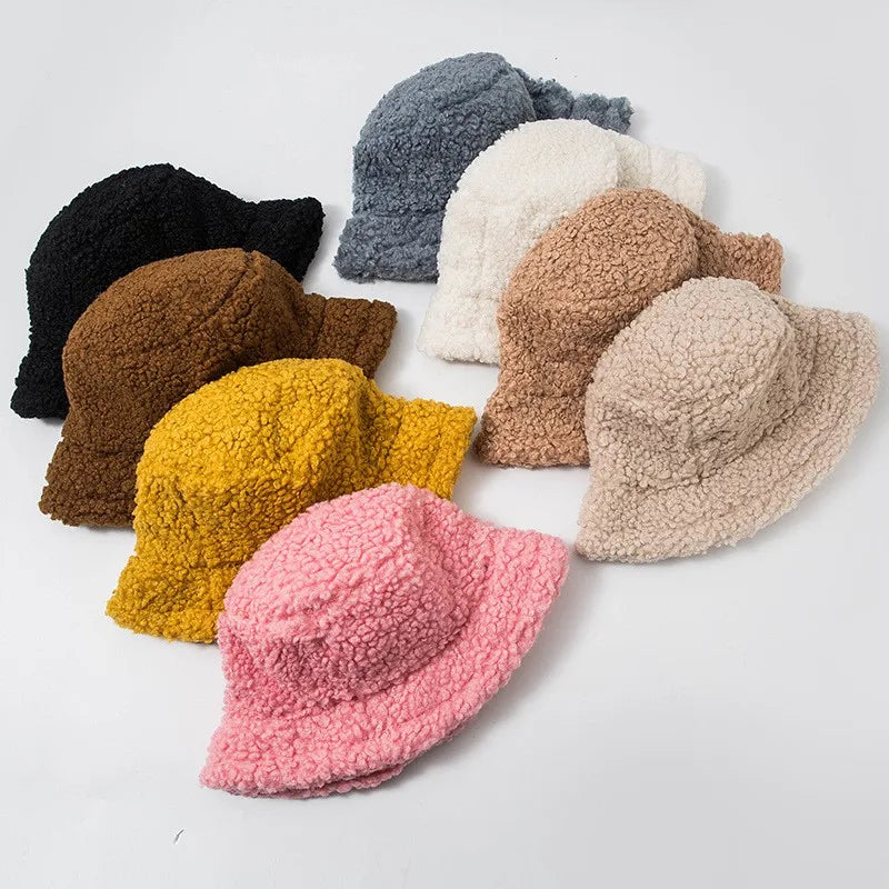 Thicken Lamb Bucket Hat Winter Plush Wool Warm Flat Top Fisherman Hats Outdoor Windproof Panama Bowl Beanie Streets Cap Women