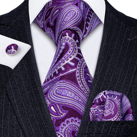 Barry.Wang Purple Lilac Lavender Silk Mens Tie Handkerchief Cufflink Set Jacquard Floral Necktie for Male Wedding Business Party