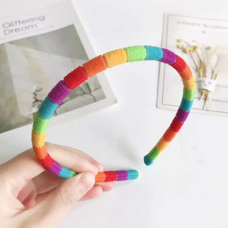 49MB Women Girls Autumn Winter Plush Headband Rainbow Colorful Striped Elastic Hair Hoop Festival Party Wash Face Styling