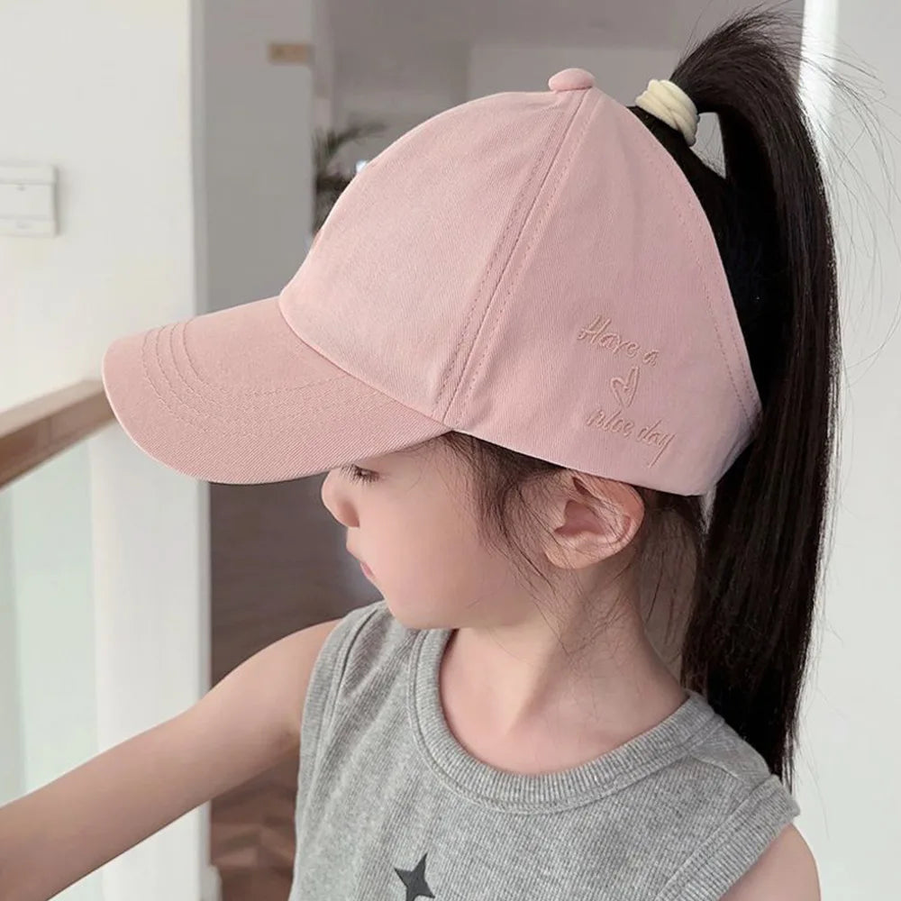 Love Heart Kids Baseball Caps Adjustable Large Brim Sun Hat Solid Color Hollow High Ponytail Caps for Boys Girls