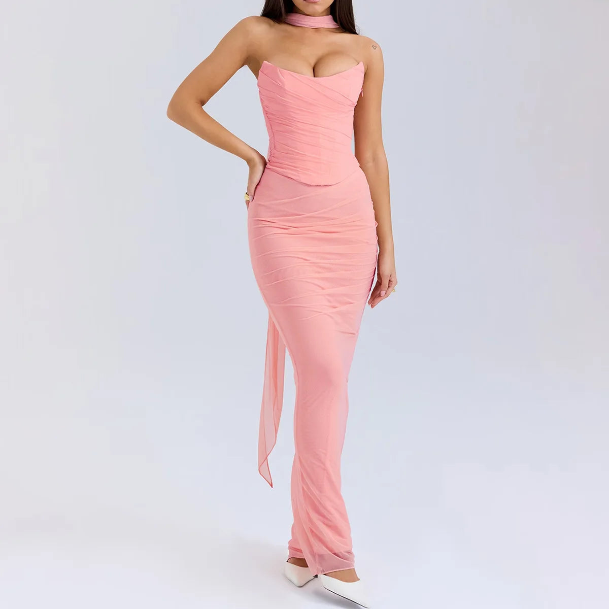 Suninheart Elegant 2 Pieces Dress Set with Scarf Women Fashion Matching Sets Sexy Cropped Top and Long Dress Set Casual Dress
