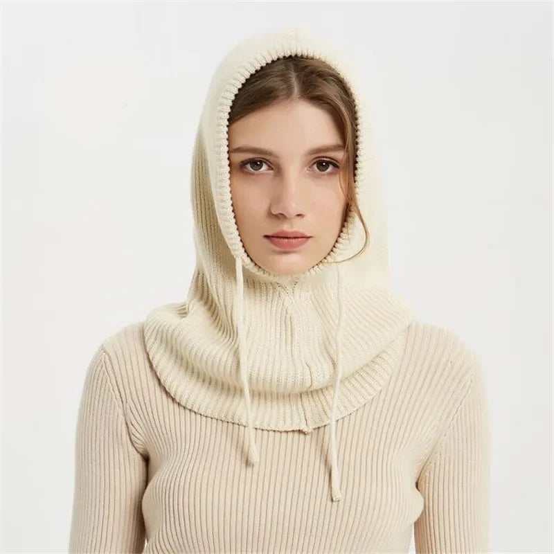 Winter Womens Hats Unisex Knitted Hooded Neck Collar Cap Beanie For Men & Women Drawstring One-Piece Hats Warmer Balaclava Cap