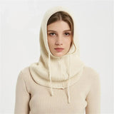 Winter Womens Hats Unisex Knitted Hooded Neck Collar Cap Beanie For Men & Women Drawstring One-Piece Hats Warmer Balaclava Cap