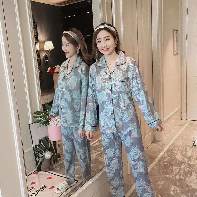 Women's Pajamas Set V-Neck Button down Top and Trousers Sleepwear Homewear Casual Nightwear Loungewear Autumn Winter Two-Piece