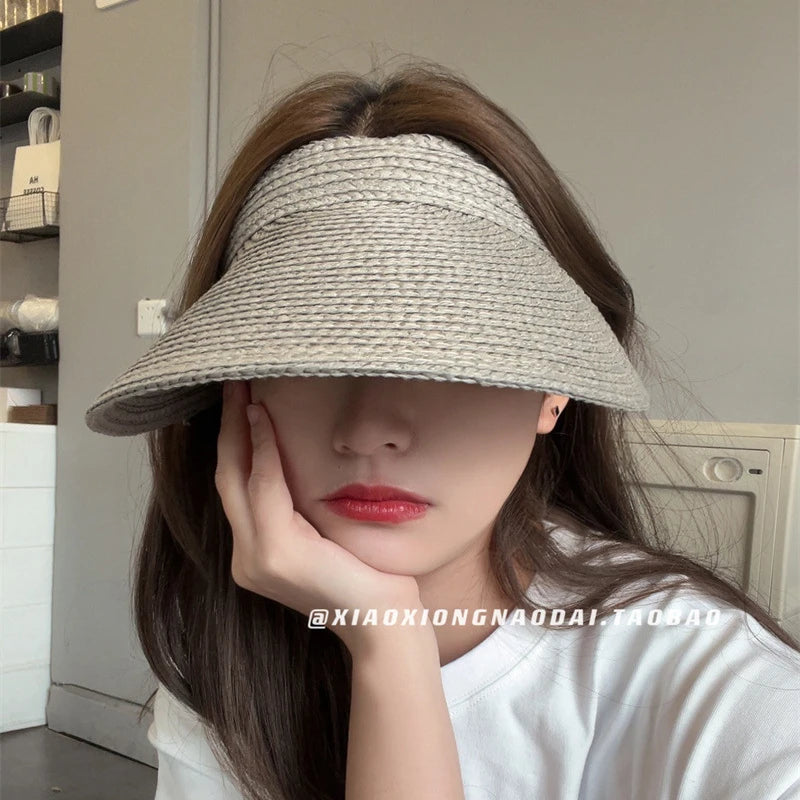 New Korean Version Summer Eaves Empty Top Sun Hat Raffia Headband Type Versatile Casual Roofless Beach Women's Straw Cap Gorras