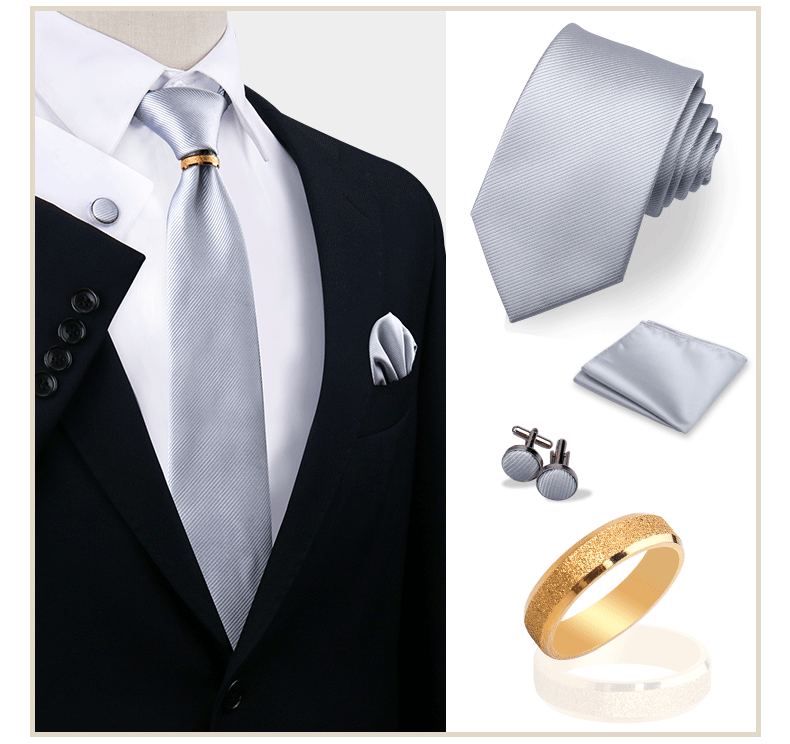 Luxury Solid Silk Ties Set For Men Necktie Handkerchief Cufflinks With Gold Metal Ring Brooch Suit Wedding Party Men Accessories