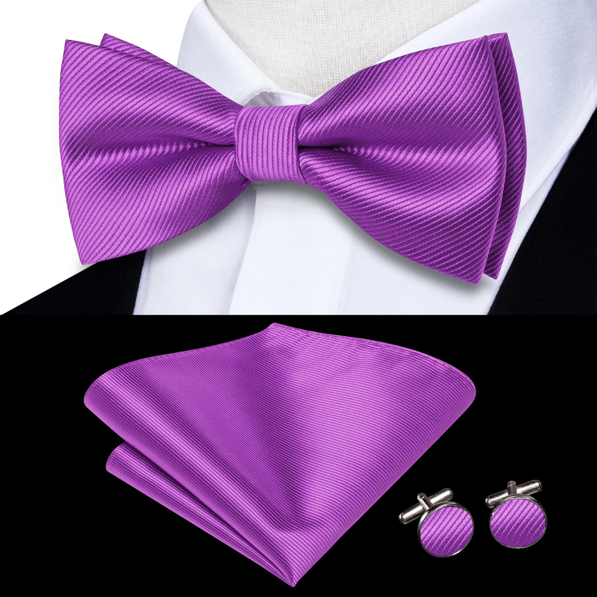 Dropshipping Solid Silk Mens Bow Tie Hanky Cufflinks Set Pre-tied Butterfly Knot Bowtie Wholesale for Male Wedding Business