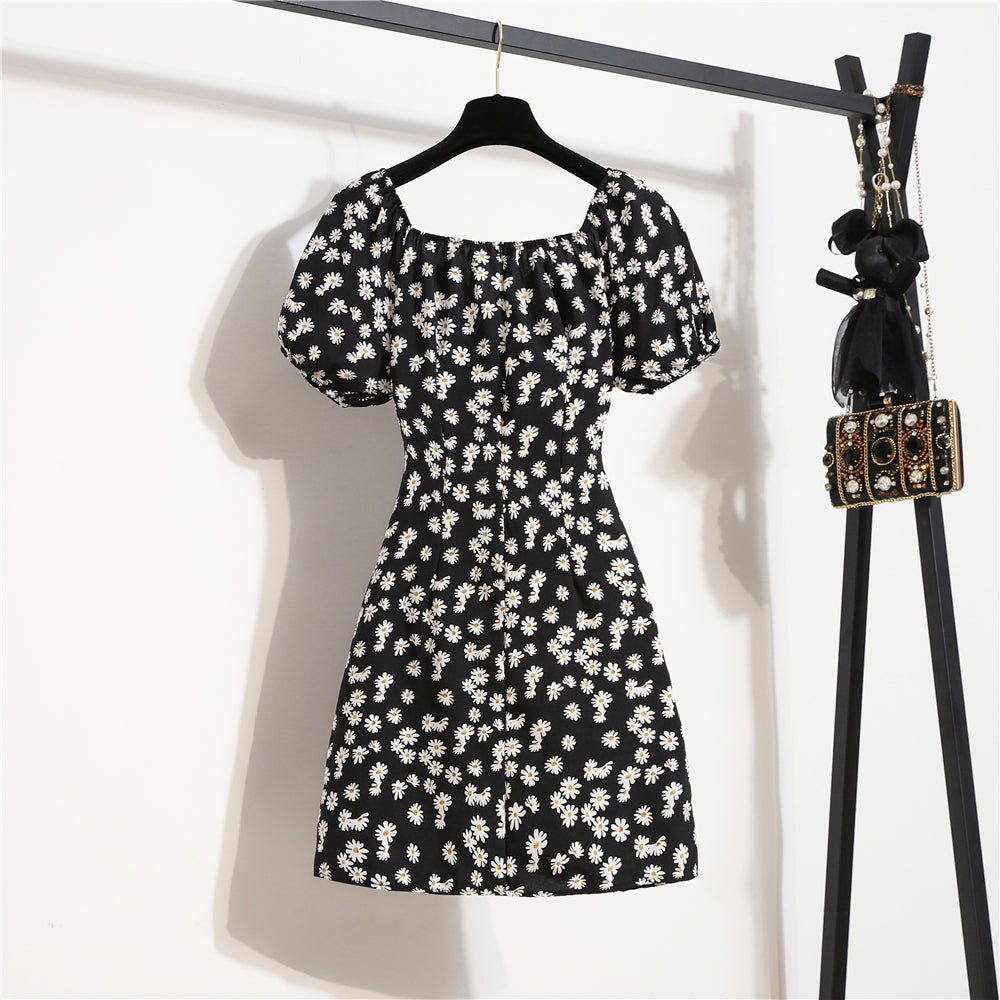 Mini robes d'été pour femmes, mode féminine, imprimé floral, en mousseline de soie, froncée, manches courtes bouffantes, robe décontractée