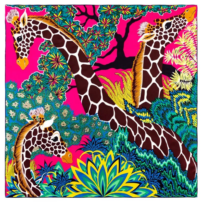 POBING Manual Hand Rolled Twill Silk Scarf Women Three Giraffes Square Scarves Echarpes Foulards Femme Wrap Bandana Hijab 90CM