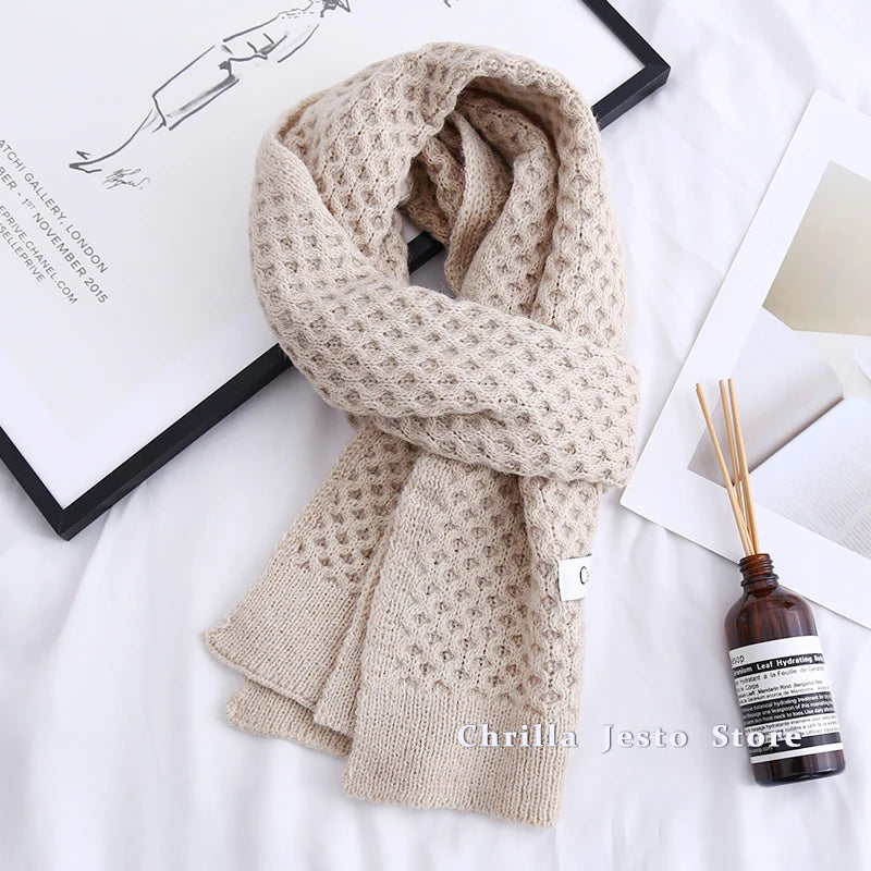 Autumn Winter Ladies Fashion Korean Style Walf Checks Knitted Scarf Solid Colour Women Long Warm Thick Neckerchief