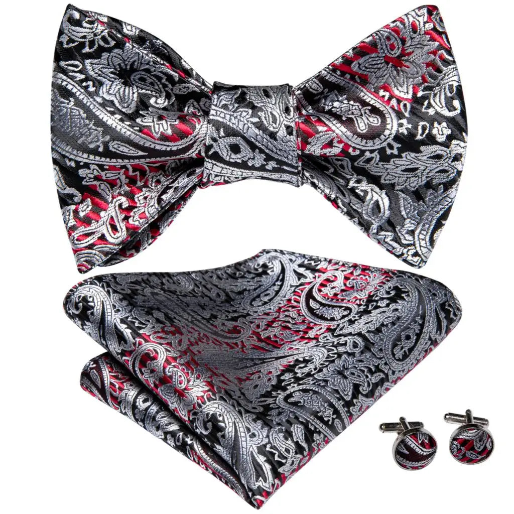 Hi-Tie Silk Mens Self Bow Tie Hanky Cufflinks Set Blue Red Gold Black White Male Jacquard Butterfly Knot Bowtie Wedding Business