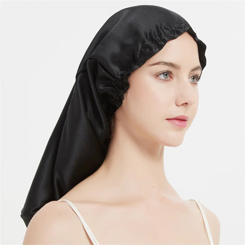 Luxury Comfortable Solid100% Real Silk Long Nightcap Hair Care Perm Beauty Sleeping Hat