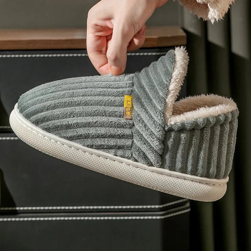 Winter Couple Style Concise Stripes Wrap Heels Plush Slippers Ladies' Non-slip Soft Warm Flip Flops Men Home Casual Cotton Shoes