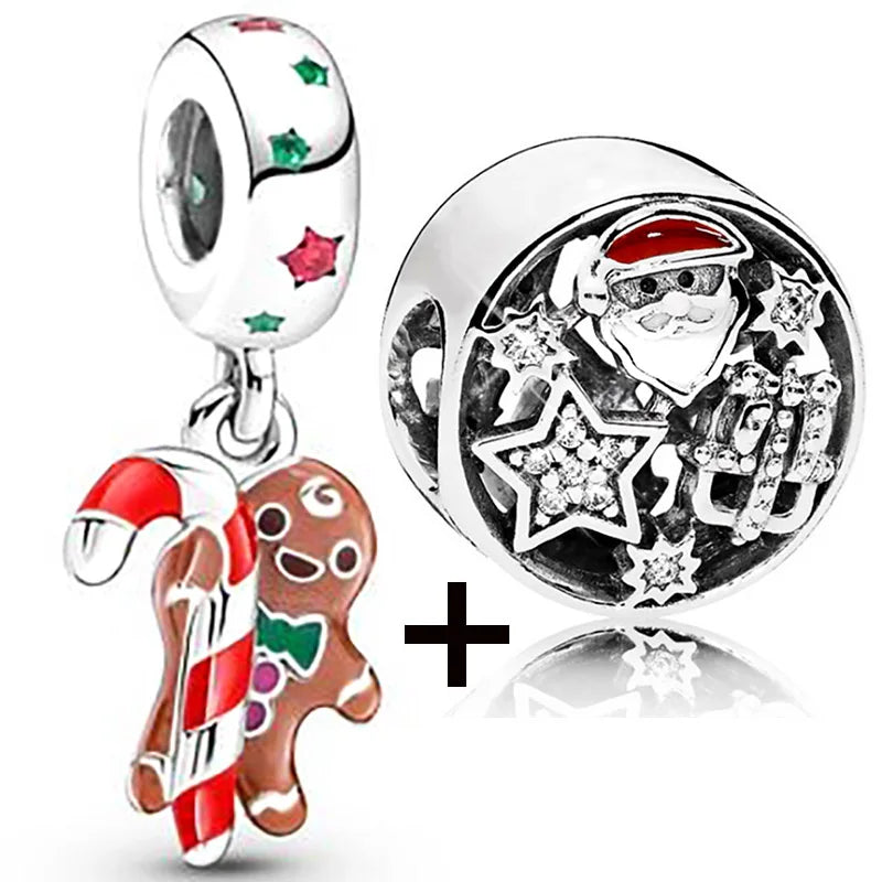 Buipoey 2pcs/lot Christmas Red Cane Gingerbread Man Charm Snowman Santa Beaded Sock Pendant DIY Beacelets jewelry Accessory Gift
