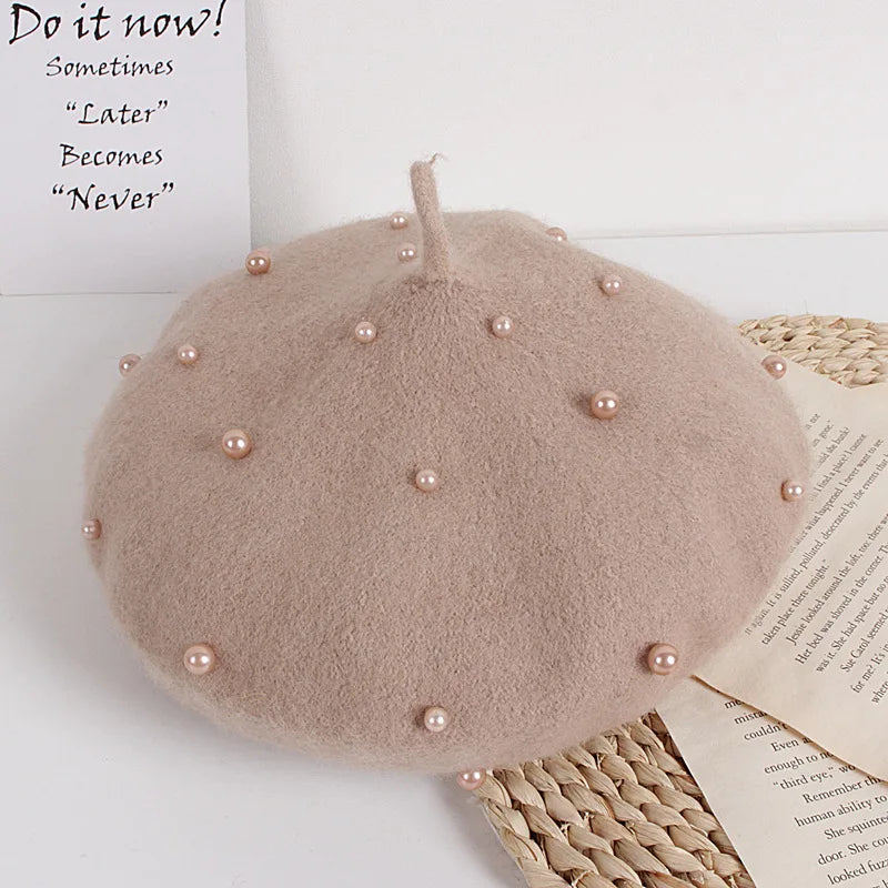 Wool Kids Winter Hat for Girls Retro Baby Beret Hats with Pearls Autumn Winter Kids Cap for Children Accessories 2-6Y