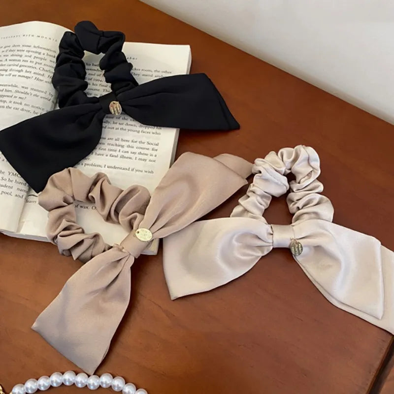 Korean Woman Large Elegant Silk Elastics Hair Band Black Satin Bow Scrunchies Hair Ties Ladies Ponytail Hold Hair Accessories