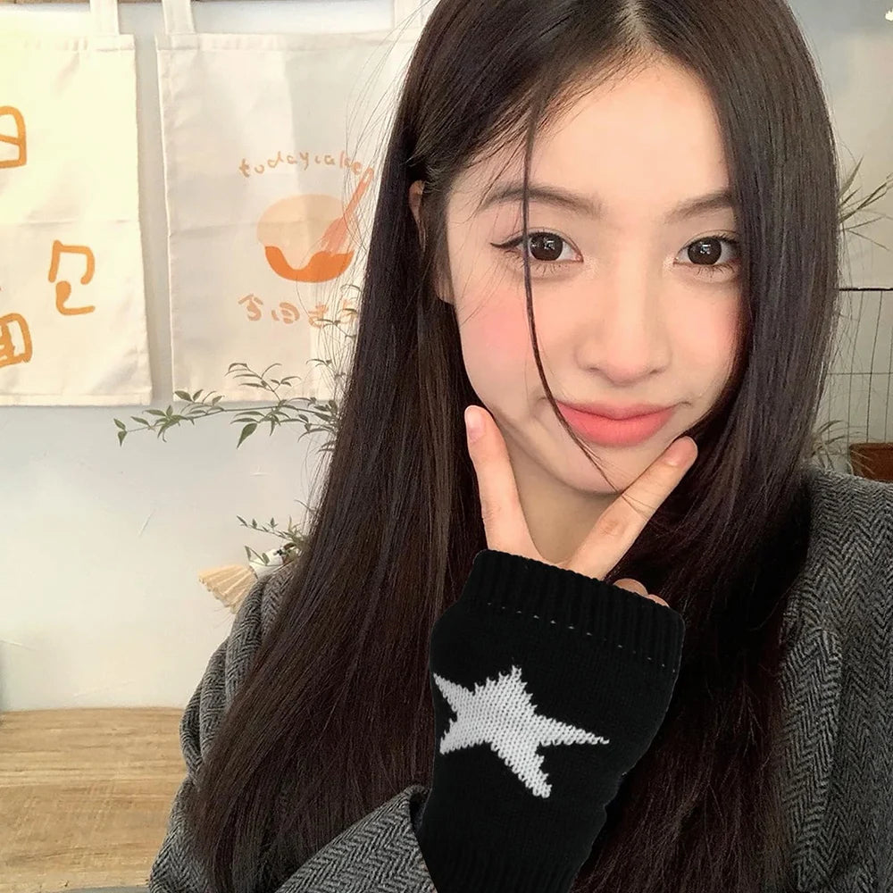 Y2K Fashion Knitted Winter Gloves Ins Korean Women Half Finger Warm Woolen Gloves Pentagram Star Fingerless Hand Warmer Mitten