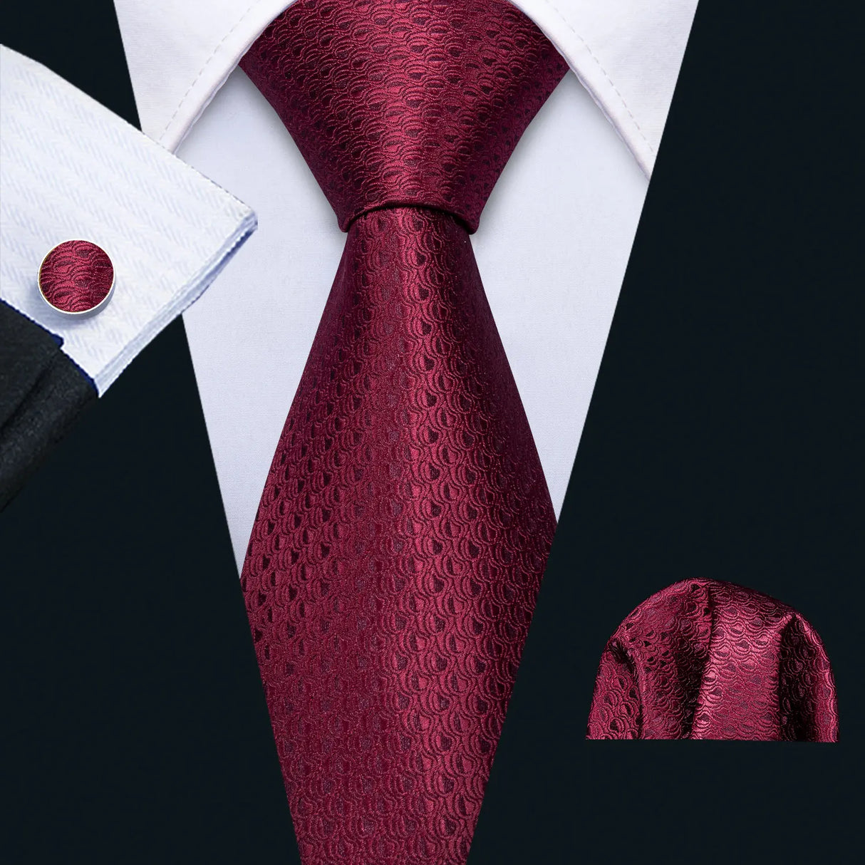 Barry.Wang Red Maroon Burgundy Rose Silk Men's Tie Pocket Square Cufflinks Set Jacquard Necktie for Male Wedding Business Party