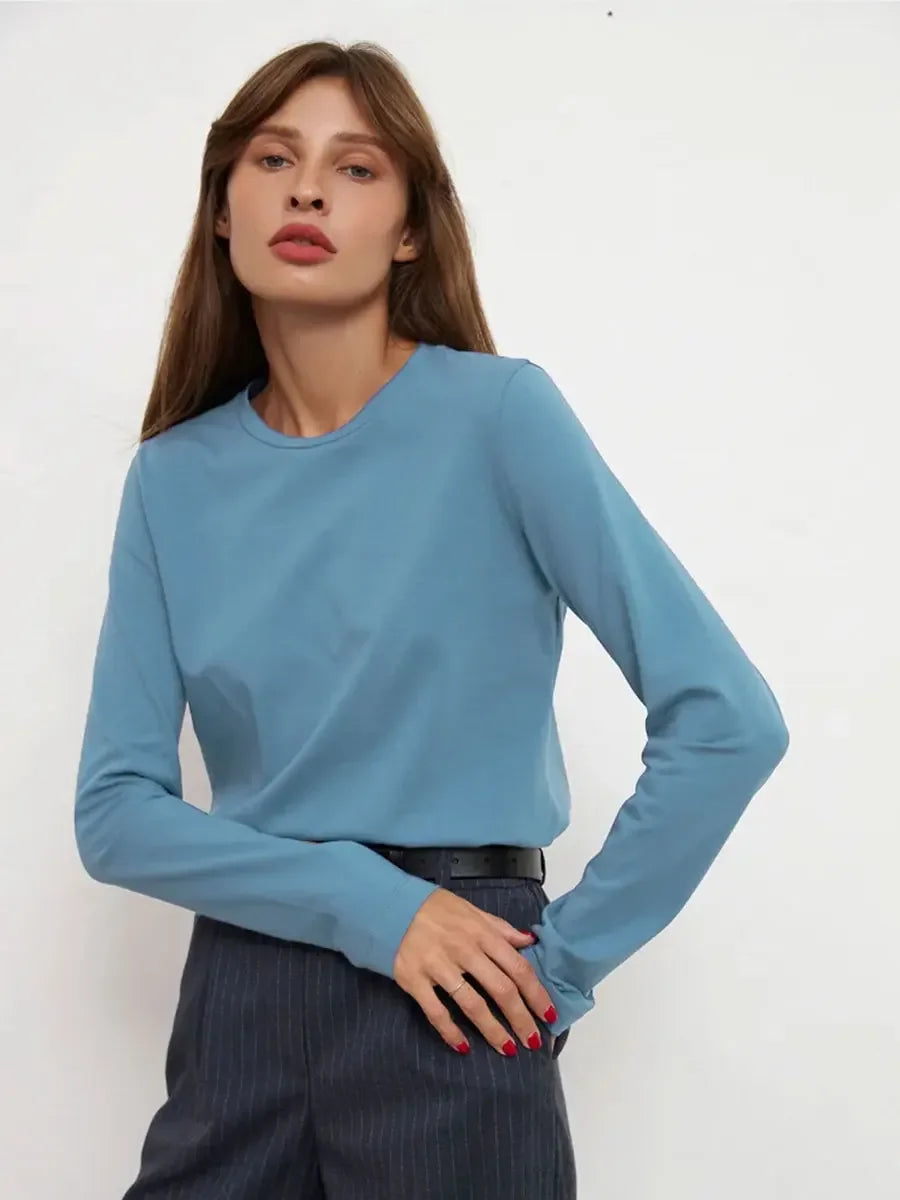 Bornladies Women's Spring Autumn 100% Cotton T-shirt Bottoming Basic Solid Lady Long Sleeve Loose Tops Shirts Oversized T Shirt
