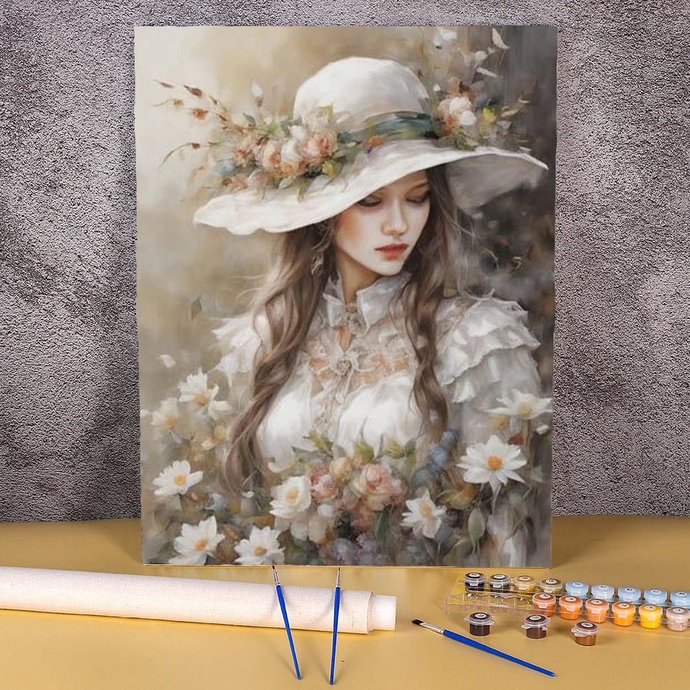 Paint By Numbers Kit For Adults Beginner On Canvas, DIY Acrylic Painting Package For Kids, Flowers Hat Women Picture, Frameless