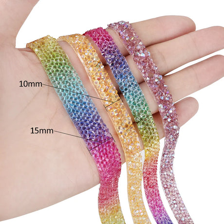 QIAO 10/15mm Rhinestones Ribbon Colorful Crystal Tape Trims Glitter Strass Ribbons for Clothing Decorations Rhinestone Crafts