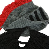Red Tassel Cosplay Roman Knight Knit Helmet Men Cap Original Barbarian Handmade Winter Warm Beard Hats Funny Beanies Party Gifts