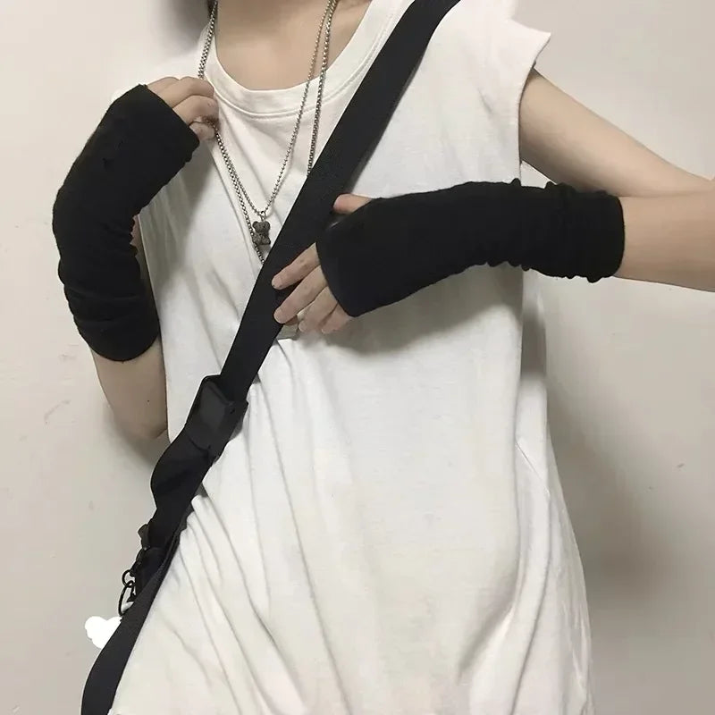Y2K Gothic Lolita Gloves Arm Cover Harajuku Arm Warmers Black Grey Striped Fingerless Punk Long Wristband Metallic Unisex Gloves