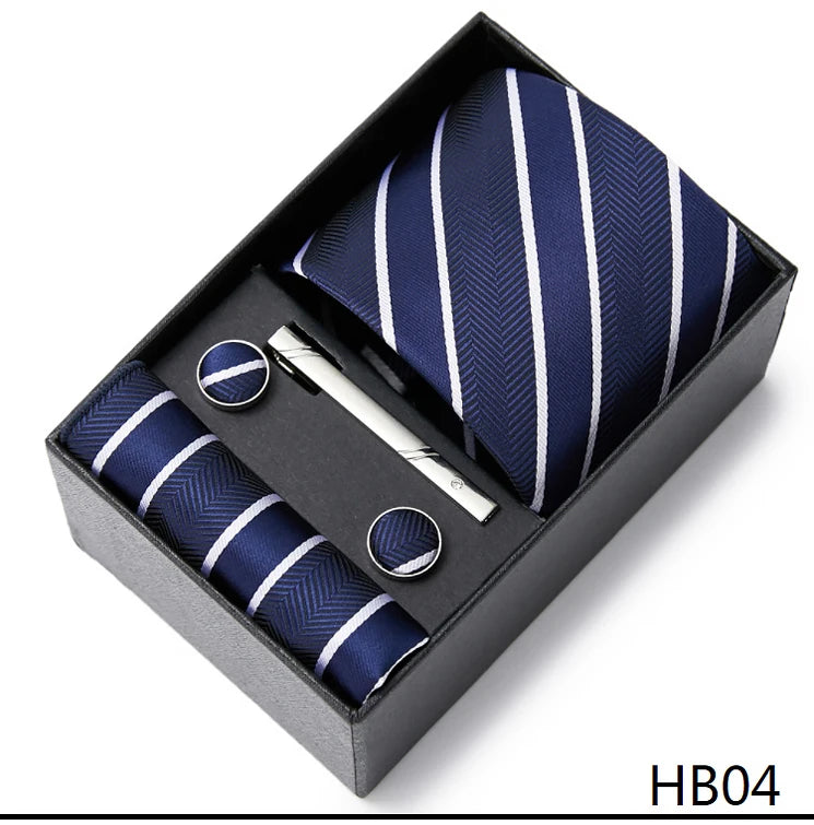 Gravatas For Men Newest design Silk Tie Handkerchief Cufflink Set Necktie Box Striped Blue Office